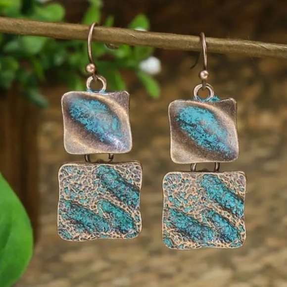 Copper Tone Patina Square Dangle Earrings - Picture 1 of 1